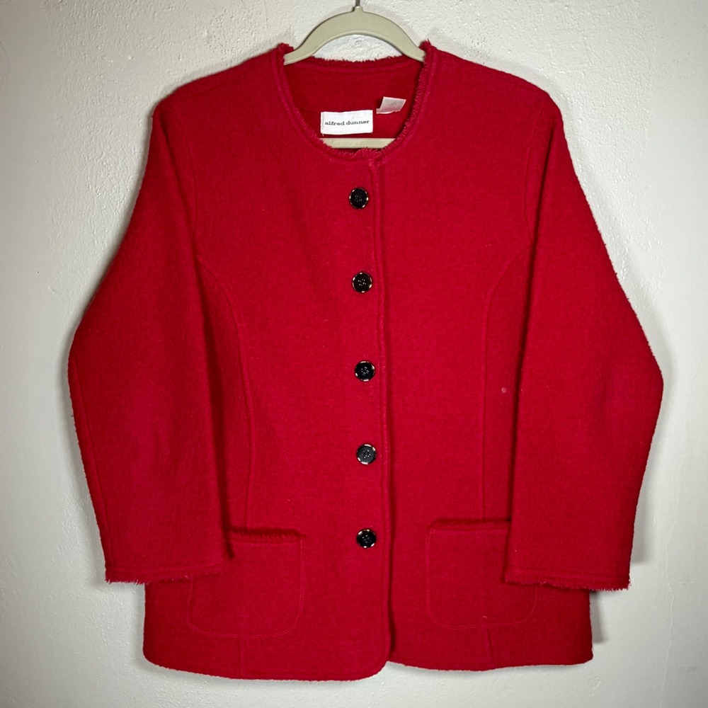 Alfred Dunner Red‎ 100% Wool Button Front Jacket Fringe Trim Women Large L